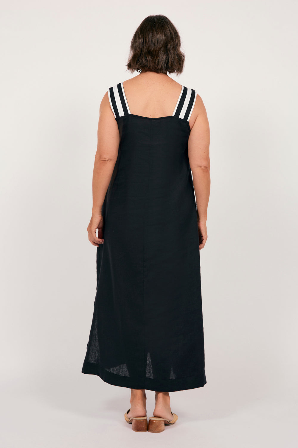 Bec Linen Sundress in Black with White Stitching