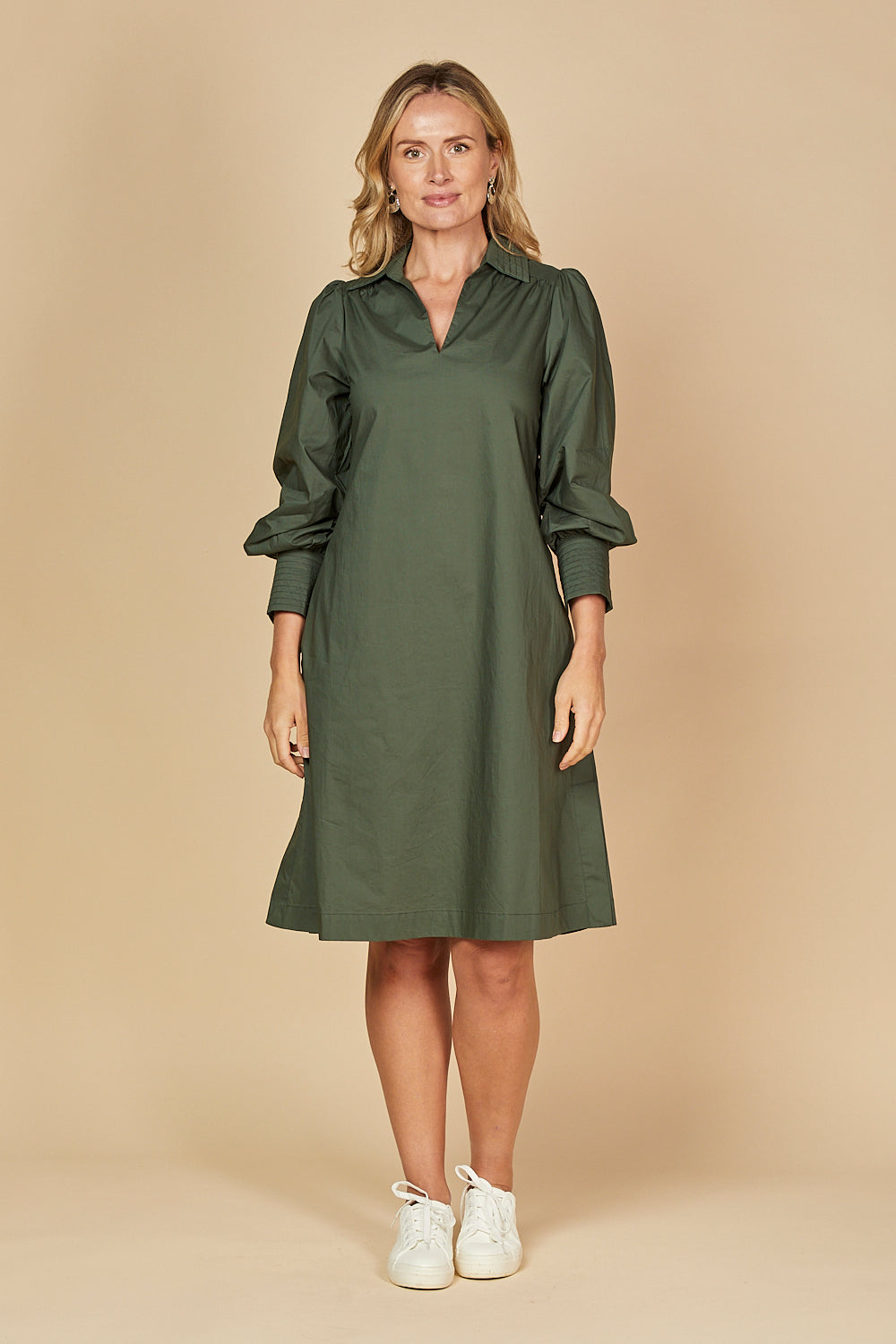 Blaine Collared Poplin Dress in Bottle Green