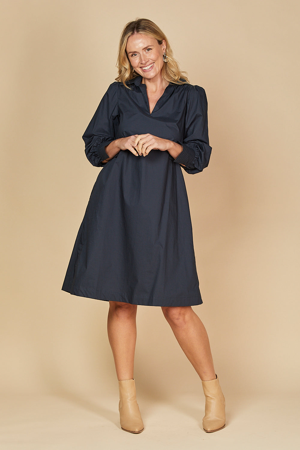 Blaine Collared Poplin Dress in Navy