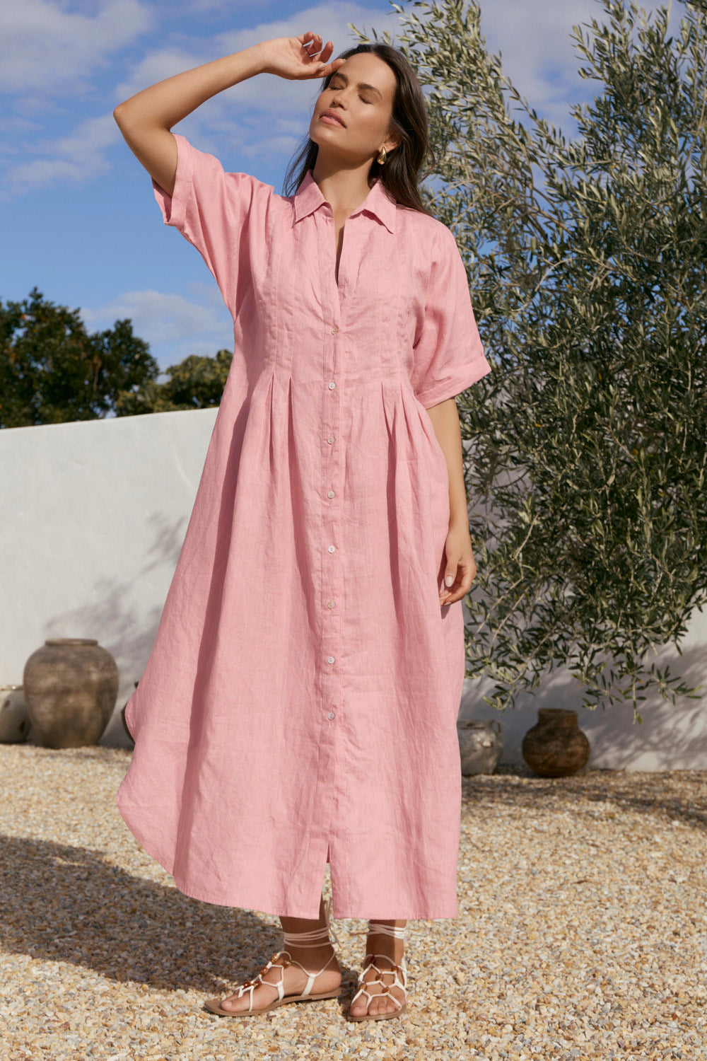 Bridget Linen Pleated Dress in Blush