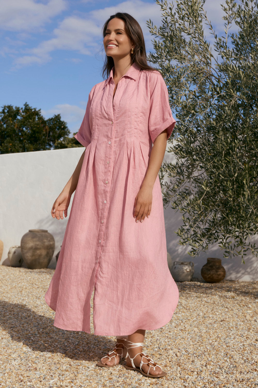 Bridget Linen Pleated Dress in Blush