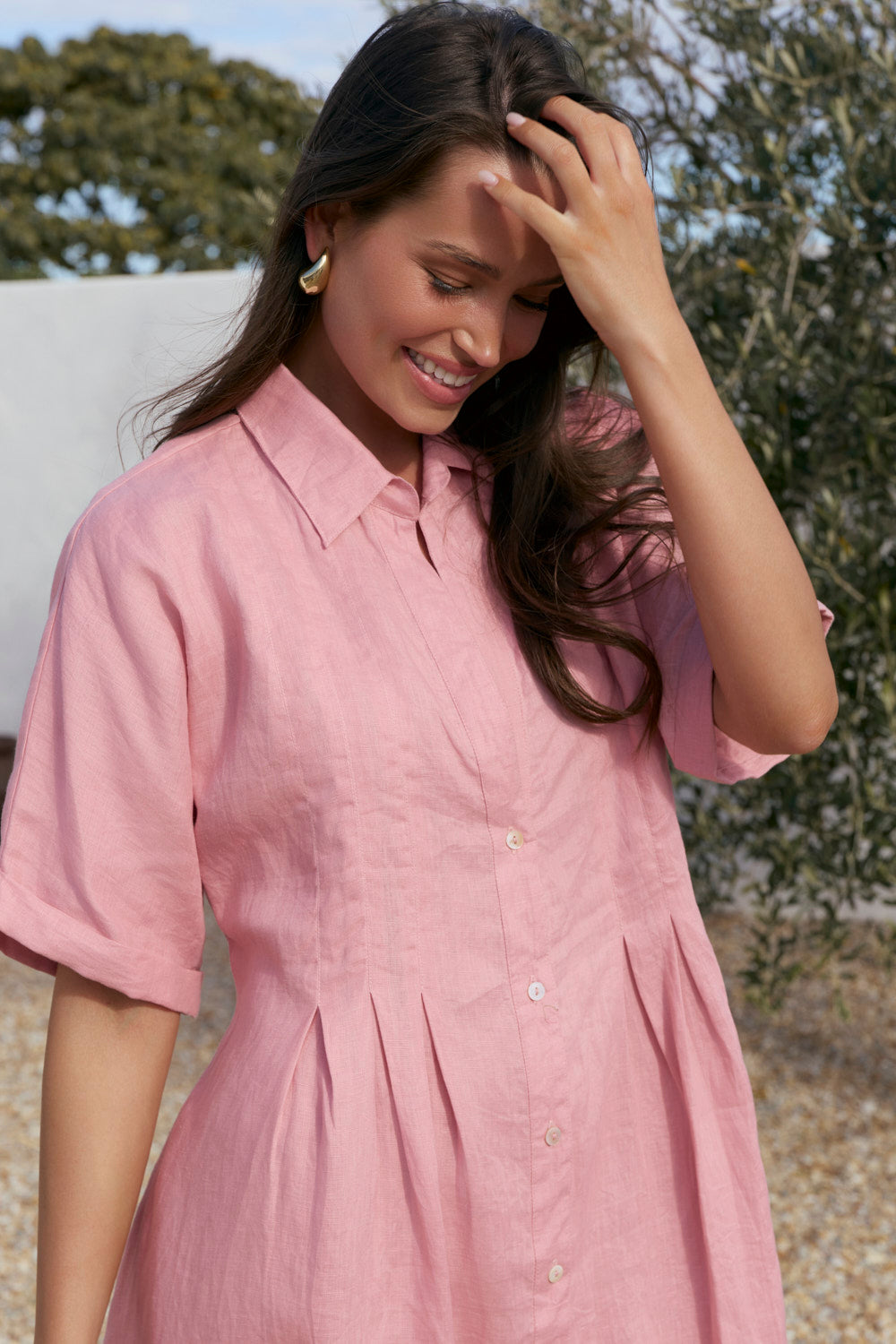 Bridget Linen Pleated Dress in Blush