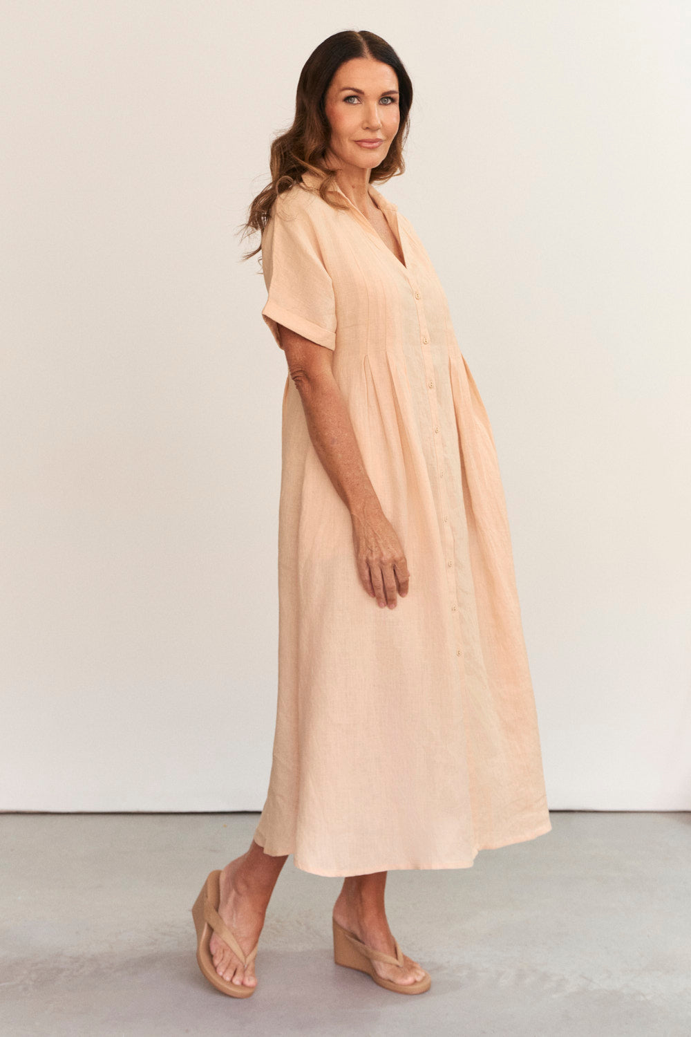 Bridget Linen Pleated Dress in Sand