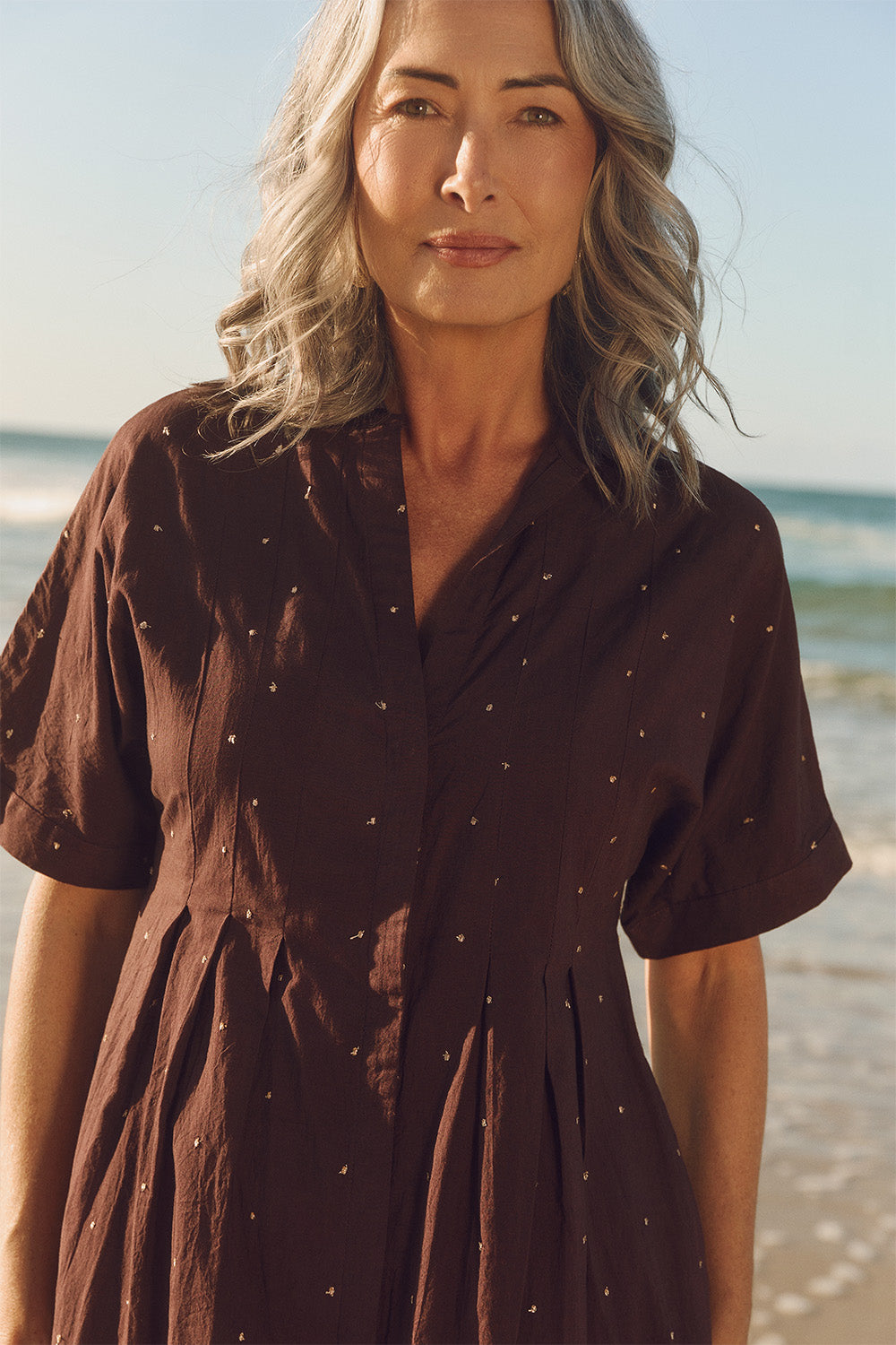 Bridget Pleated Dress in Chocolate Aurum