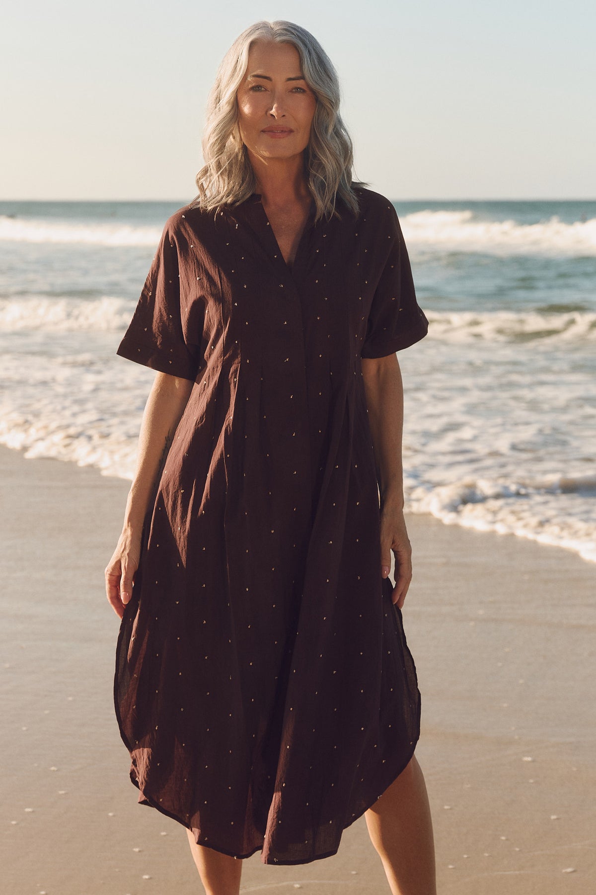 Bridget Pleated Dress in Chocolate Aurum
