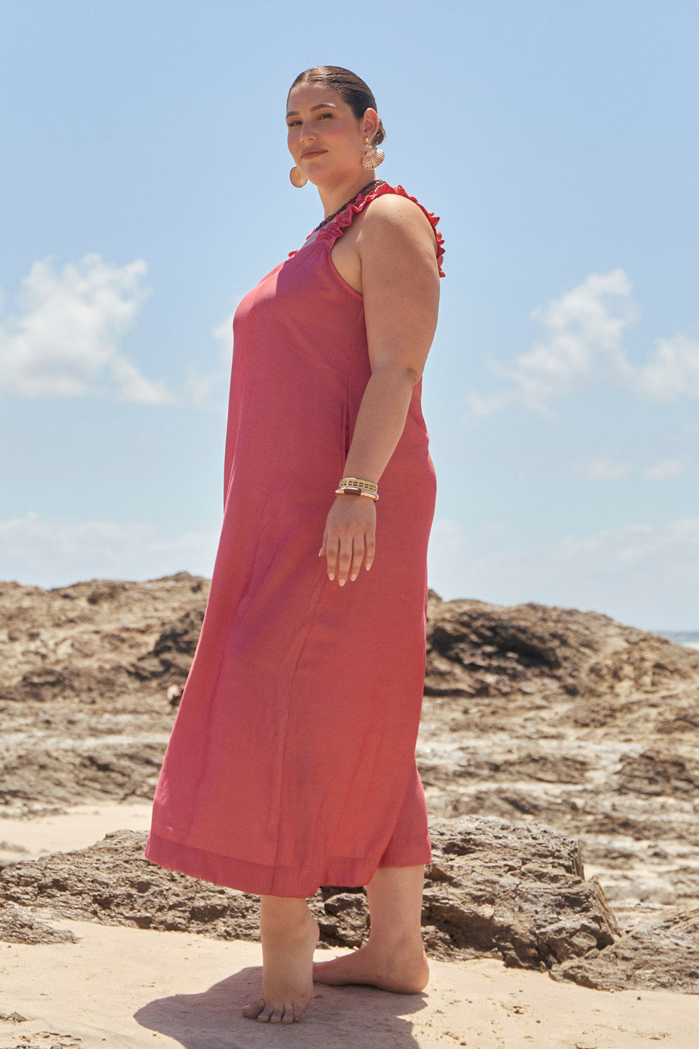 Claire Frill Sun Dress in Coral, Maxi Dress - Adrift Clothing