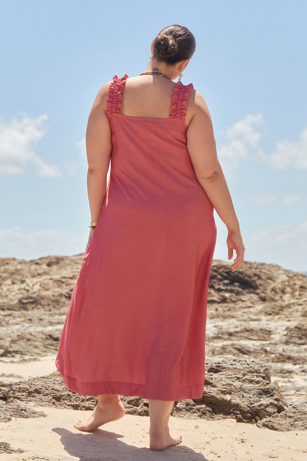 Claire Frill Sun Dress in Coral, Maxi Dress - Adrift Clothing