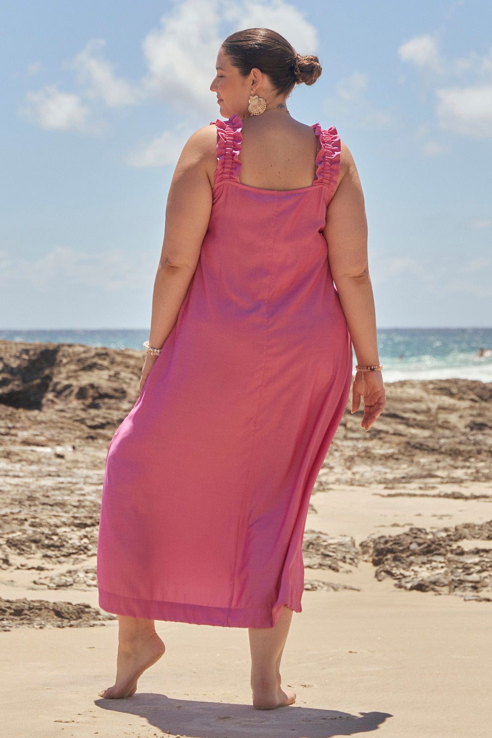 Claire Frill Sun Dress in Flamingo, Maxi Dress - Adrift Clothing