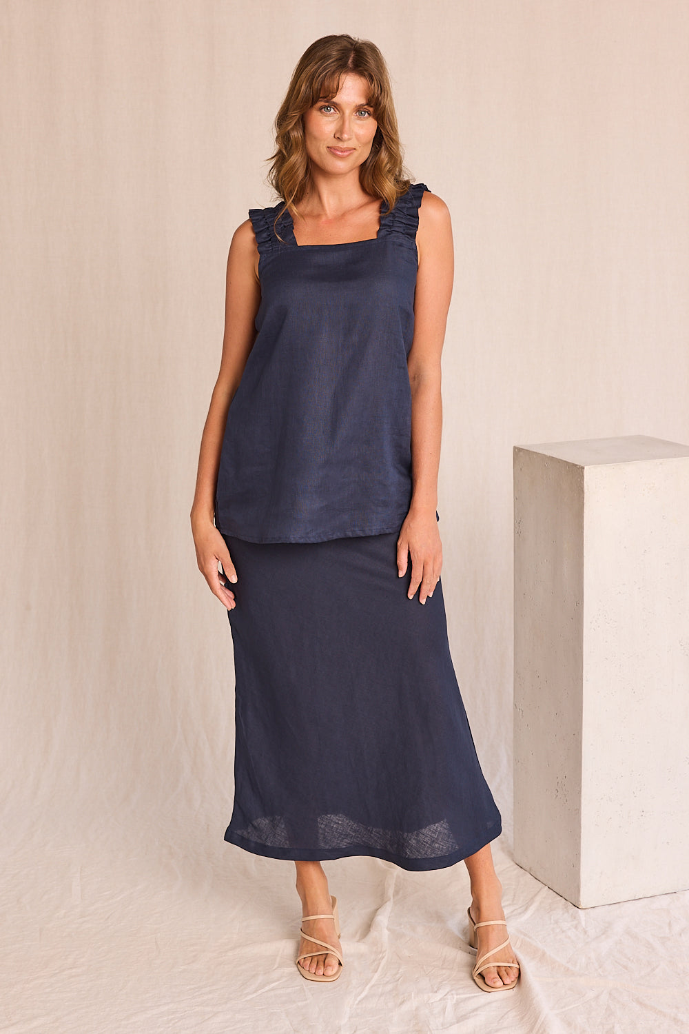 Katie Bias Cut Linen Skirt in Navy