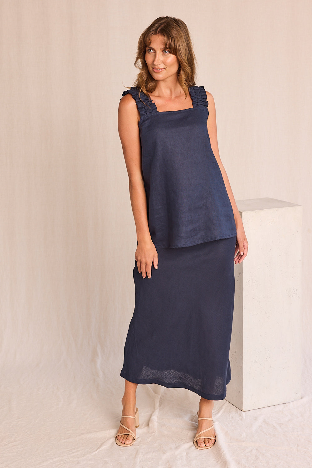 Katie Bias Cut Linen Skirt in Navy