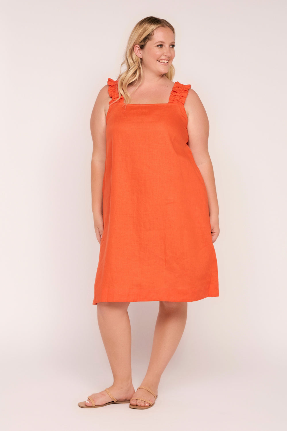 Claire Short Linen Dress in Tangerine