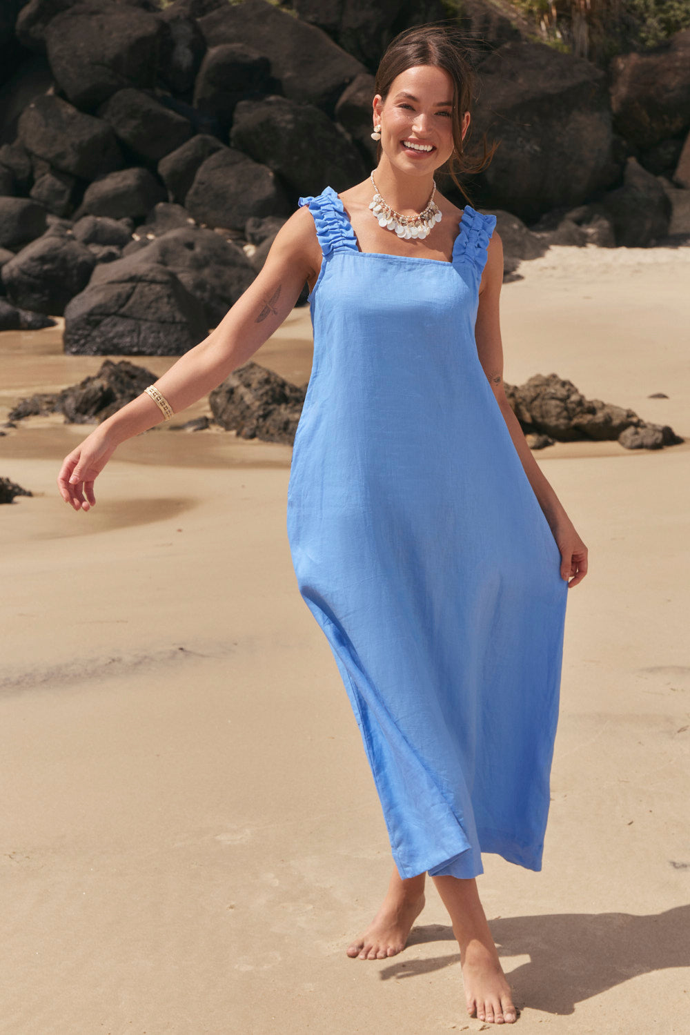 Claire Linen Sun Dress in Sky Blue