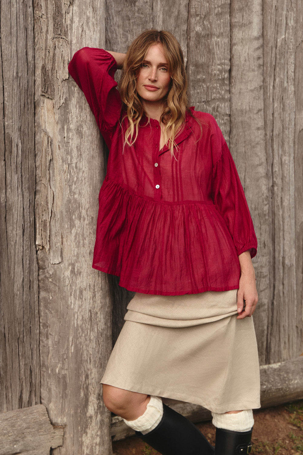 Coco Cotton Silk Blouse in Scarlet