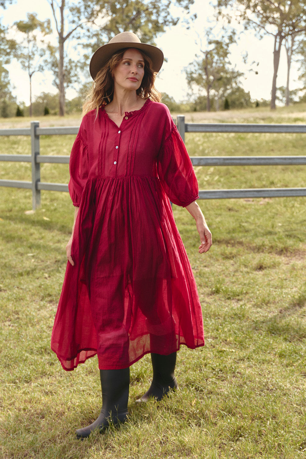 Coco Cotton Silk Dress in Scarlet worn button-front to empire waist, reversible style by Adrift