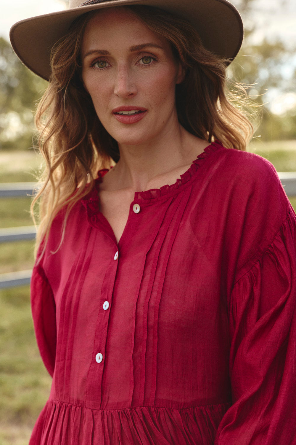 Coco Cotton Silk Dress in Scarlet with pin tucks through the bodice and gathered skirt, Adrift Clothing