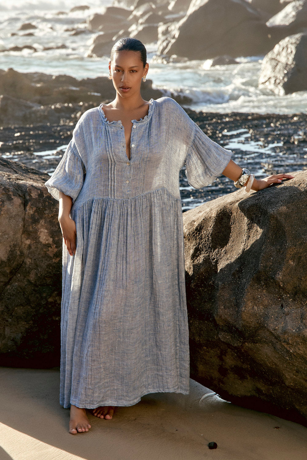 Coco Linen Billow Dress in Sky Blue Tide