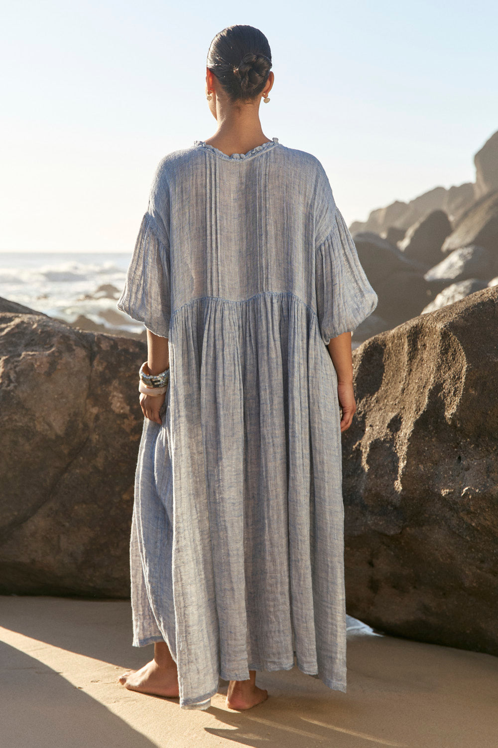 Coco Linen Billow Dress in Sky Blue Tide