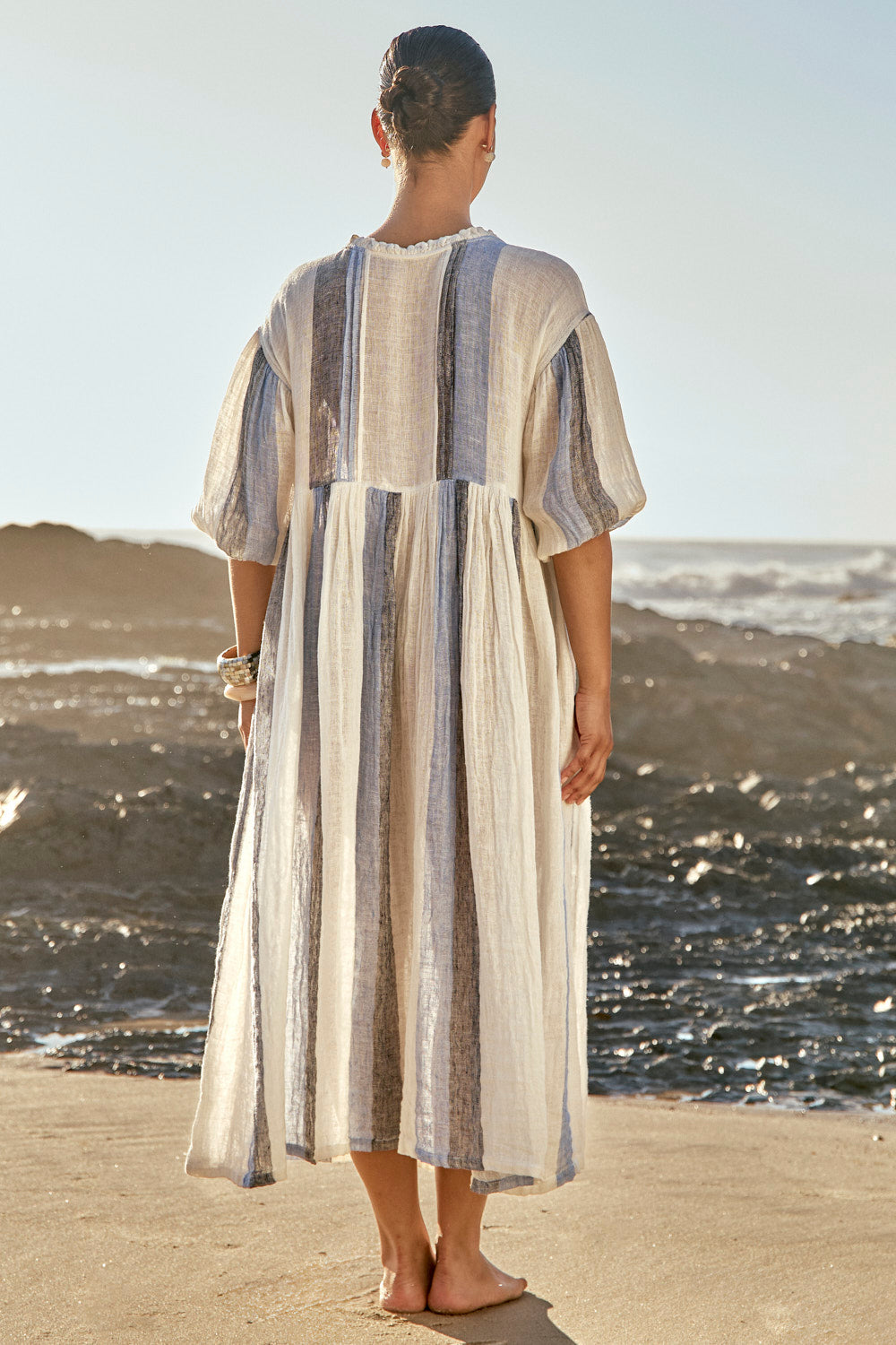 Coco Linen Billow Dress in Tide Lines