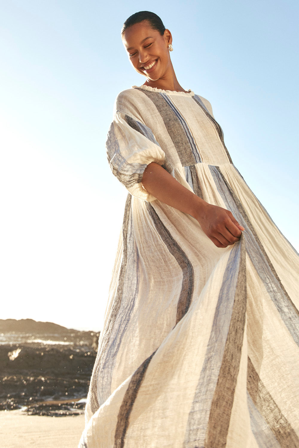 Coco Linen Billow Dress in Tide Lines