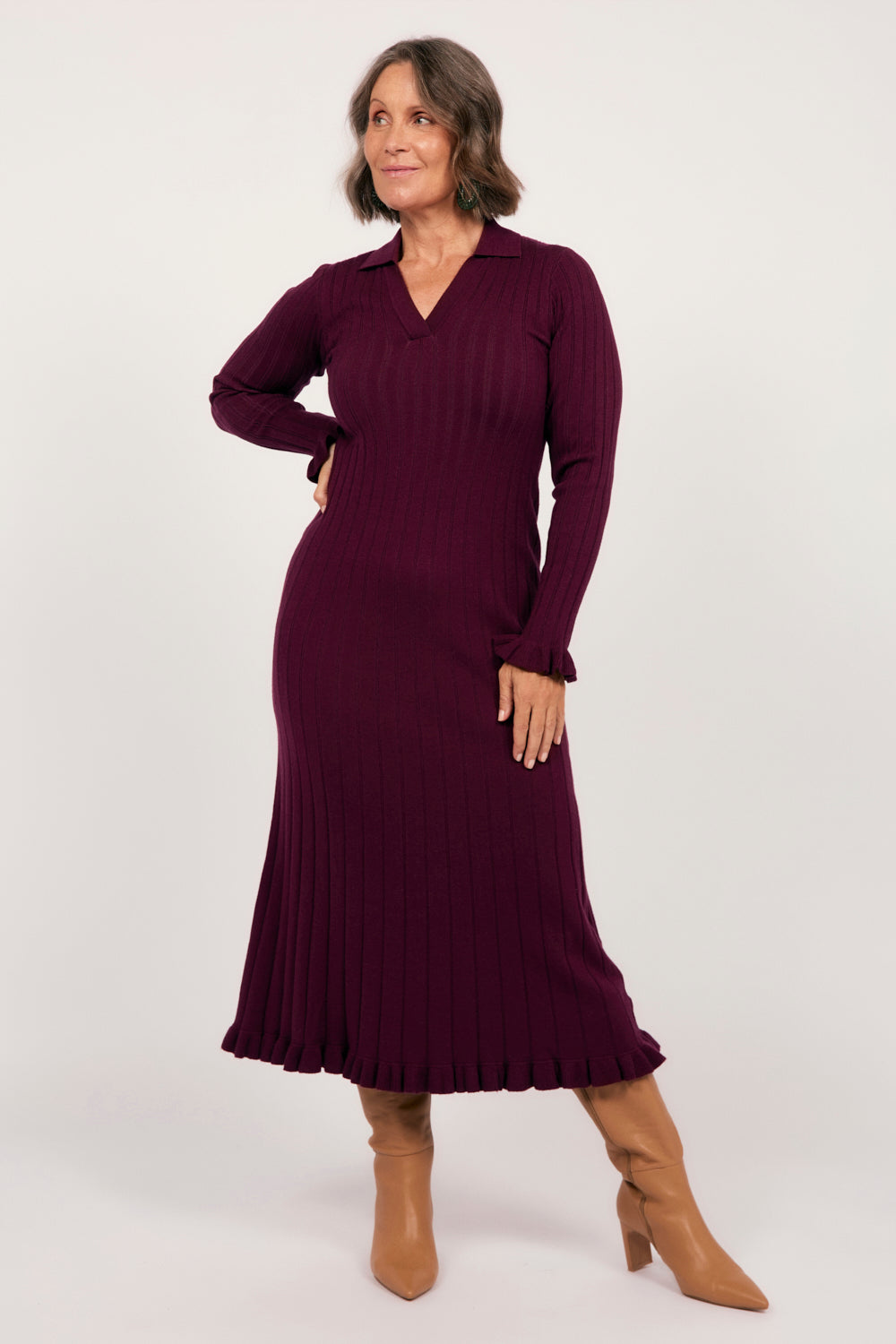 Collared Knitted Swing Dress in Plum