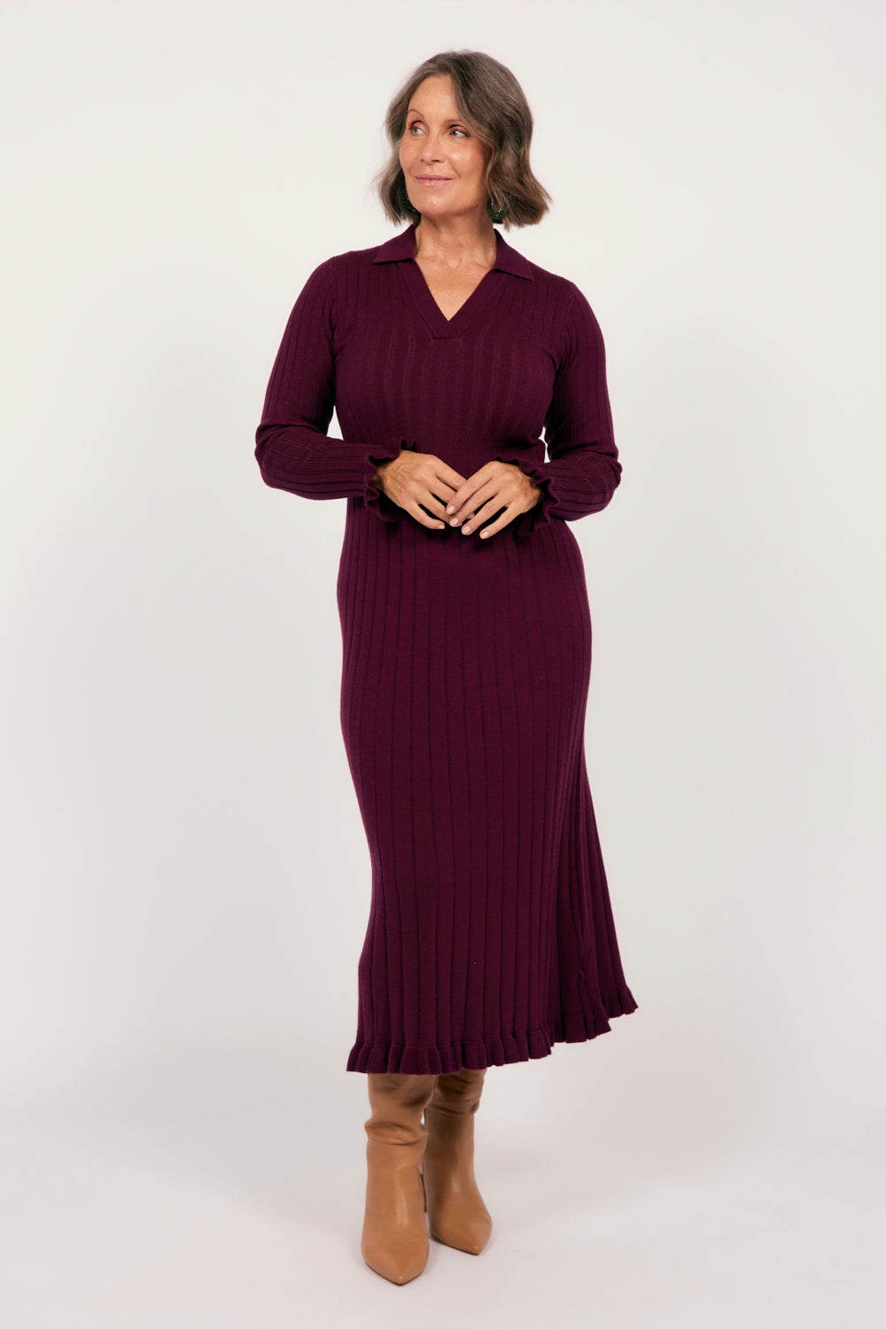 Collared Knitted Swing Dress in Plum