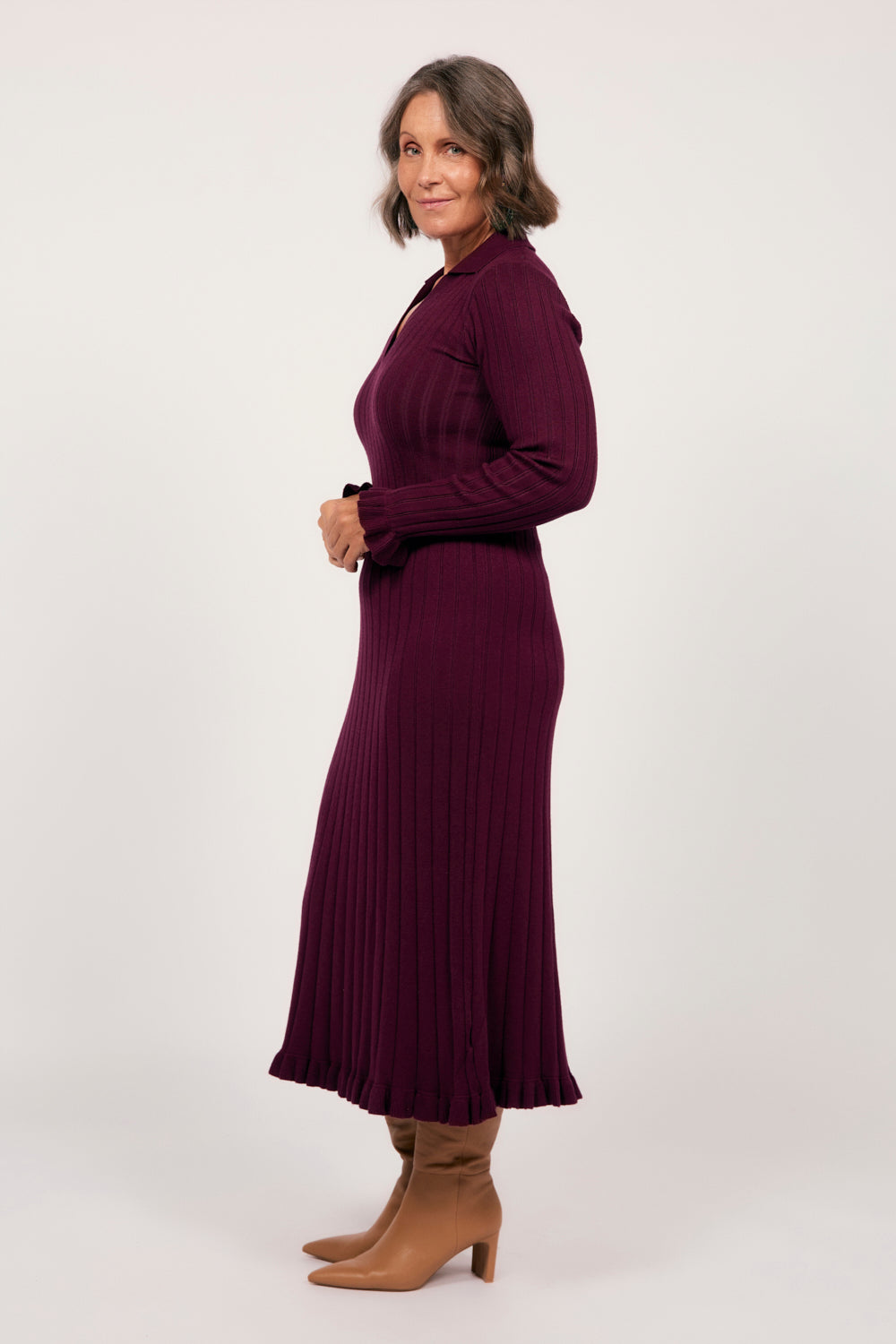 Collared Knitted Swing Dress in Plum