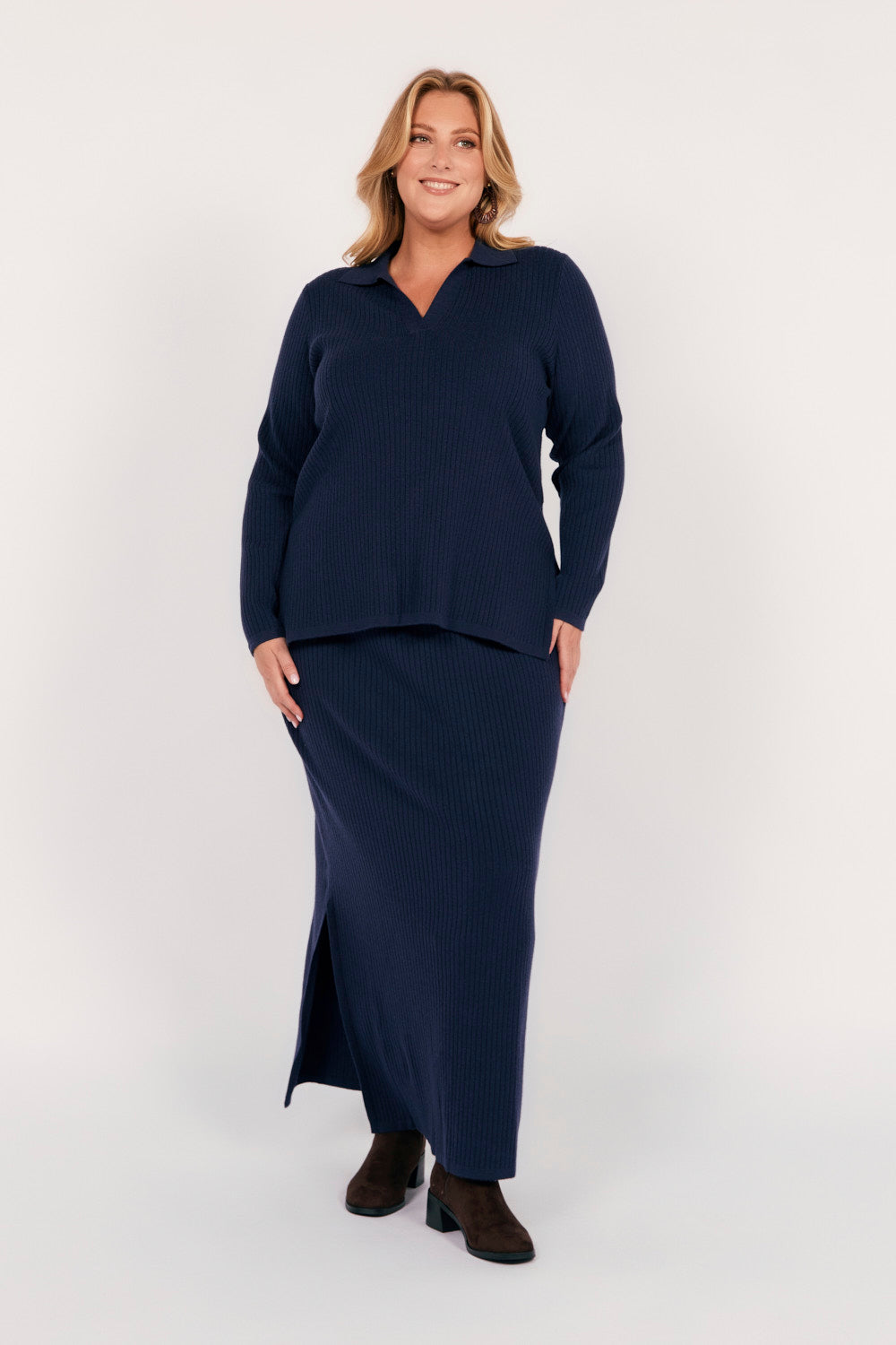 Collared Knitted Top in Navy