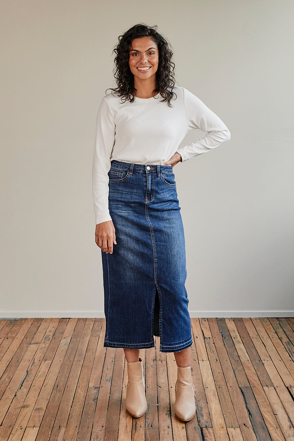 Adrift Denim Long Split Skirt in Mid Wash