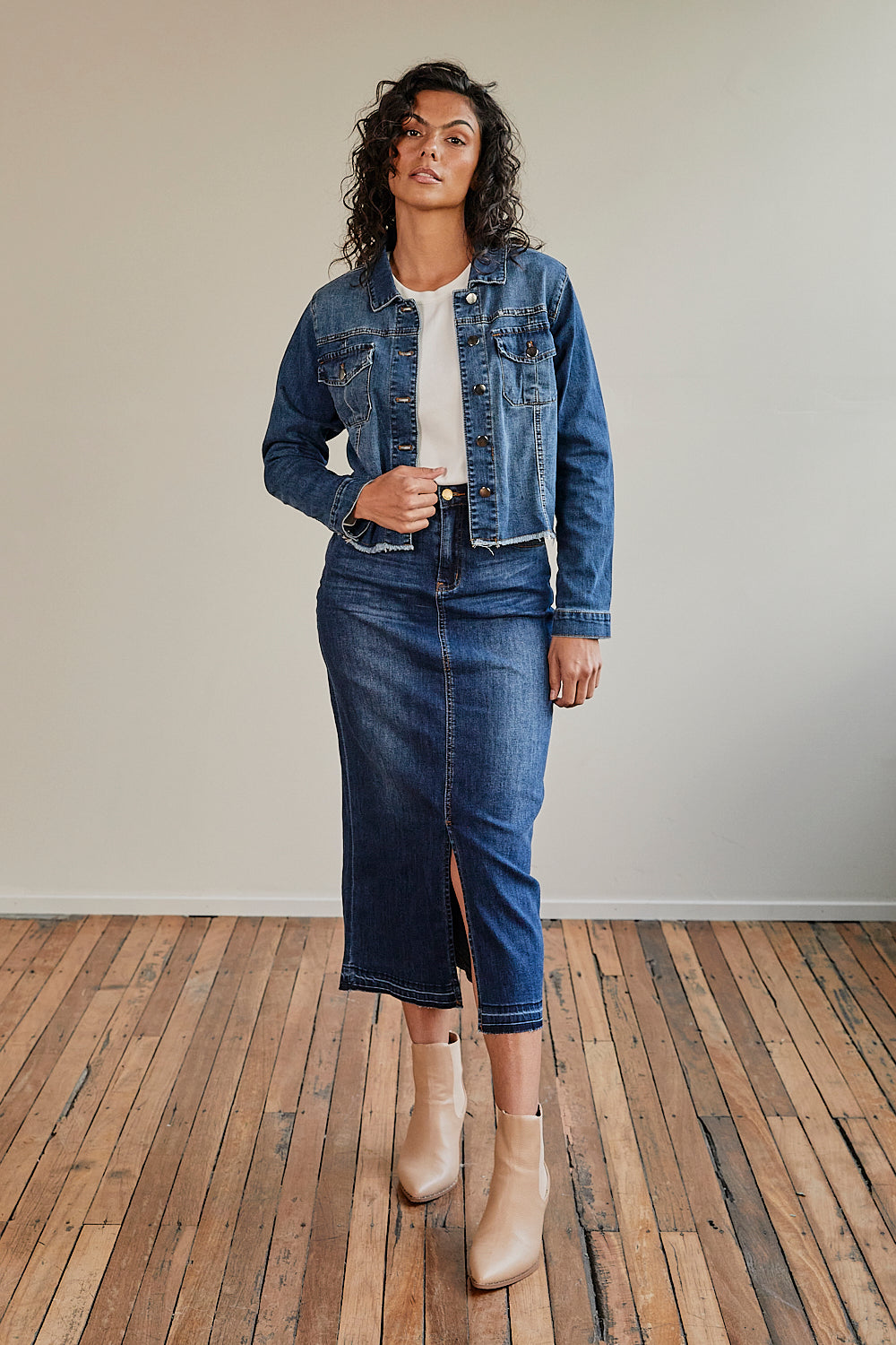 Adrift Denim Long Split Skirt in Mid Wash