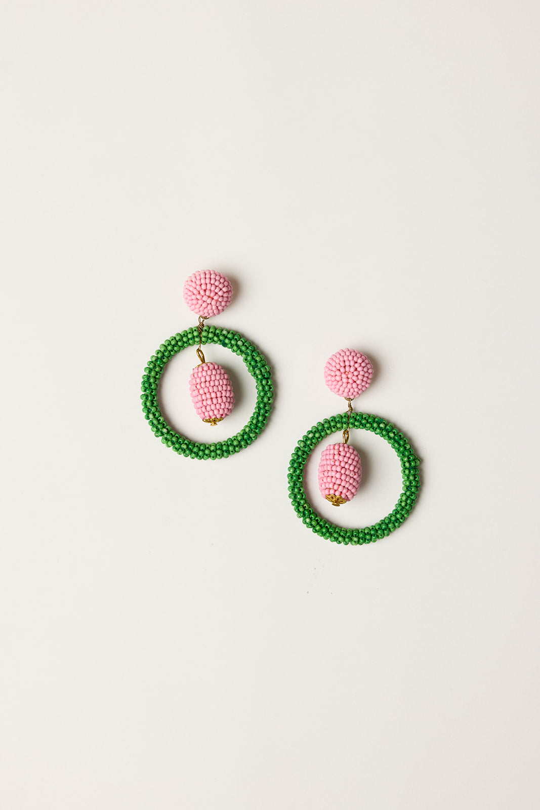 Double Drop Beaded Earrings in Pink and Green