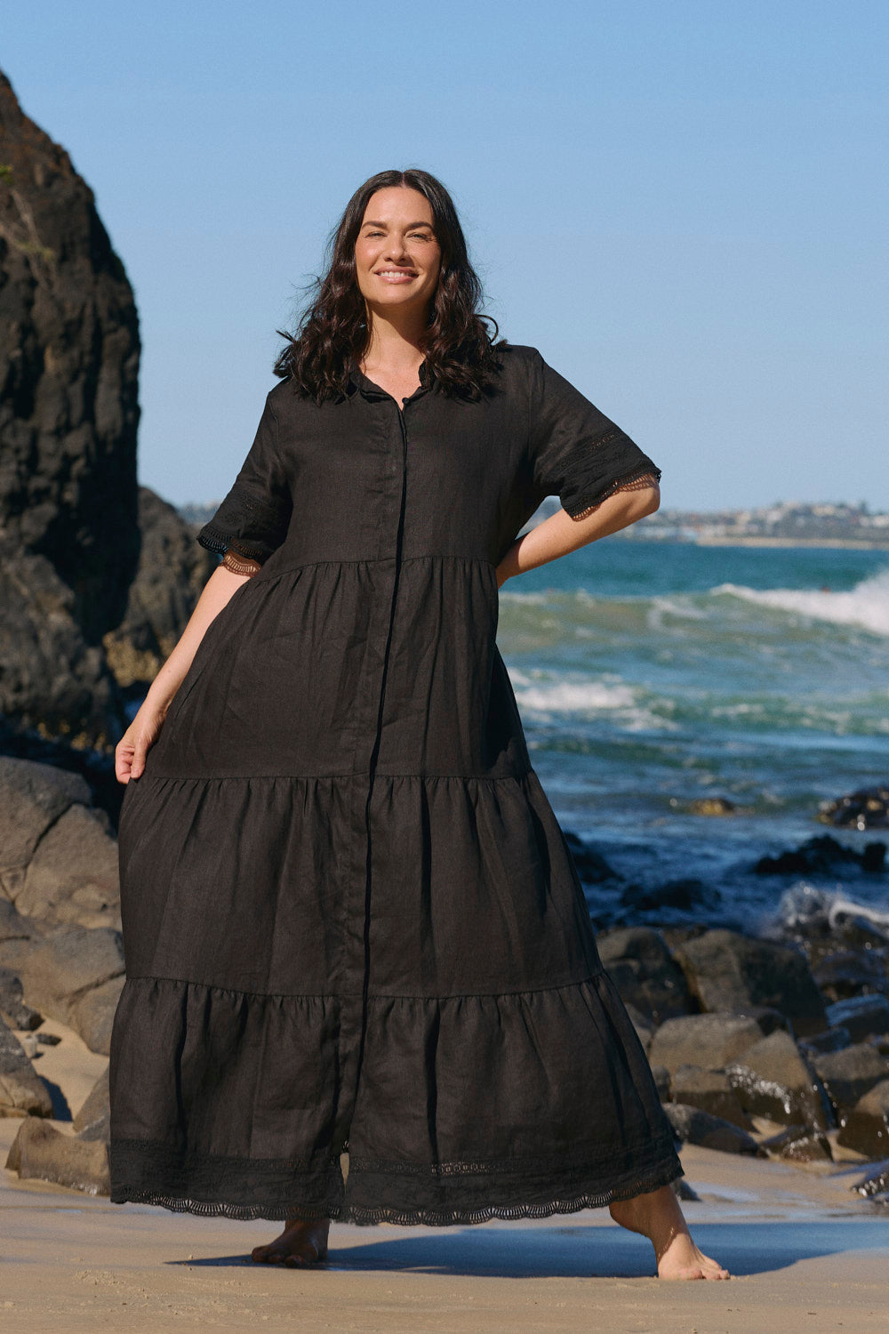 Winslow Linen Button-Through Dress in Black