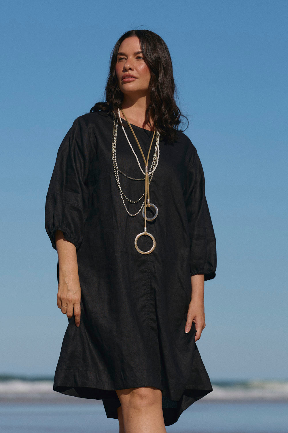 Hazel Short Linen Dress in Black