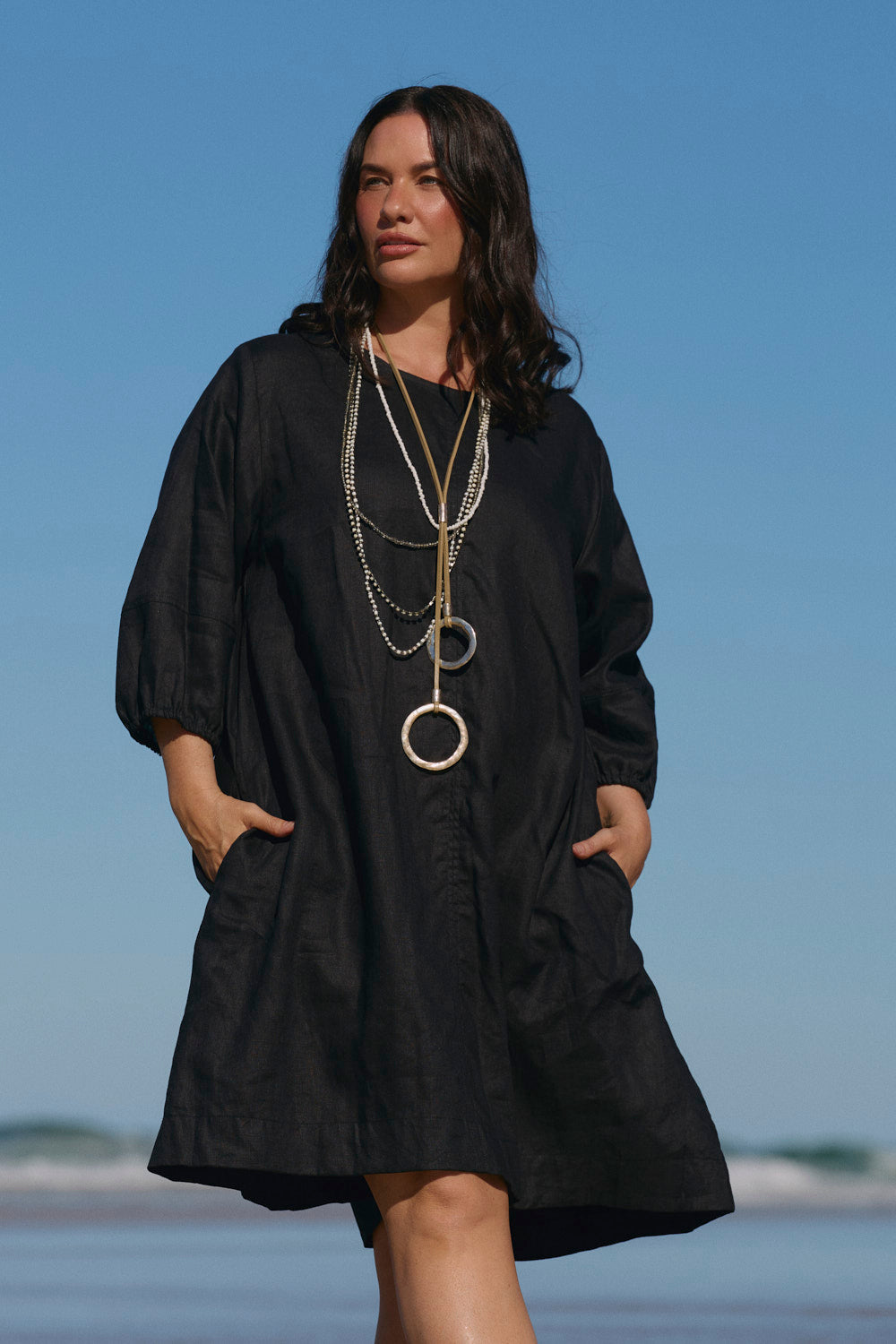 Hazel Short Linen Dress in Black