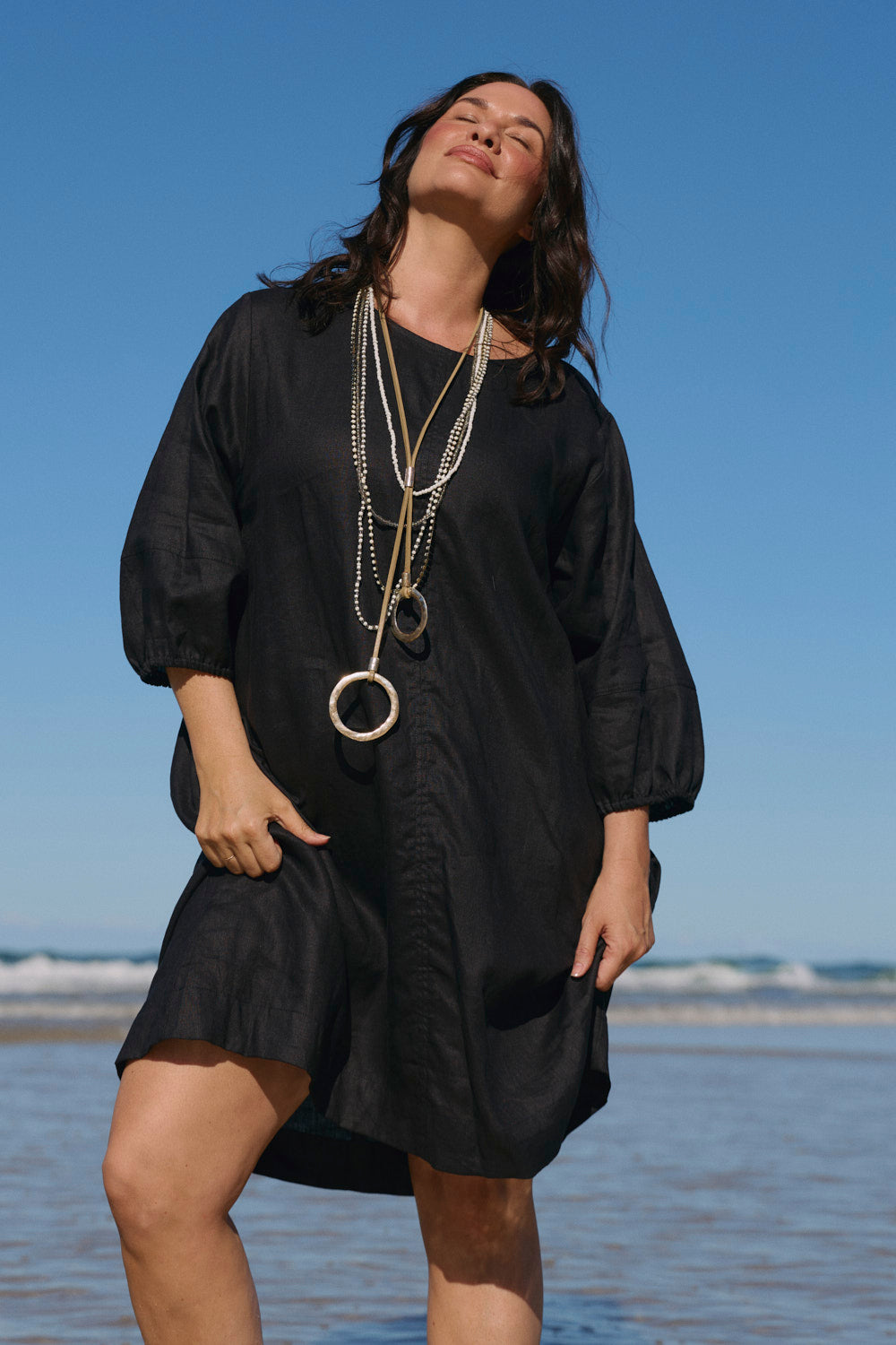 Hazel Short Linen Dress in Black