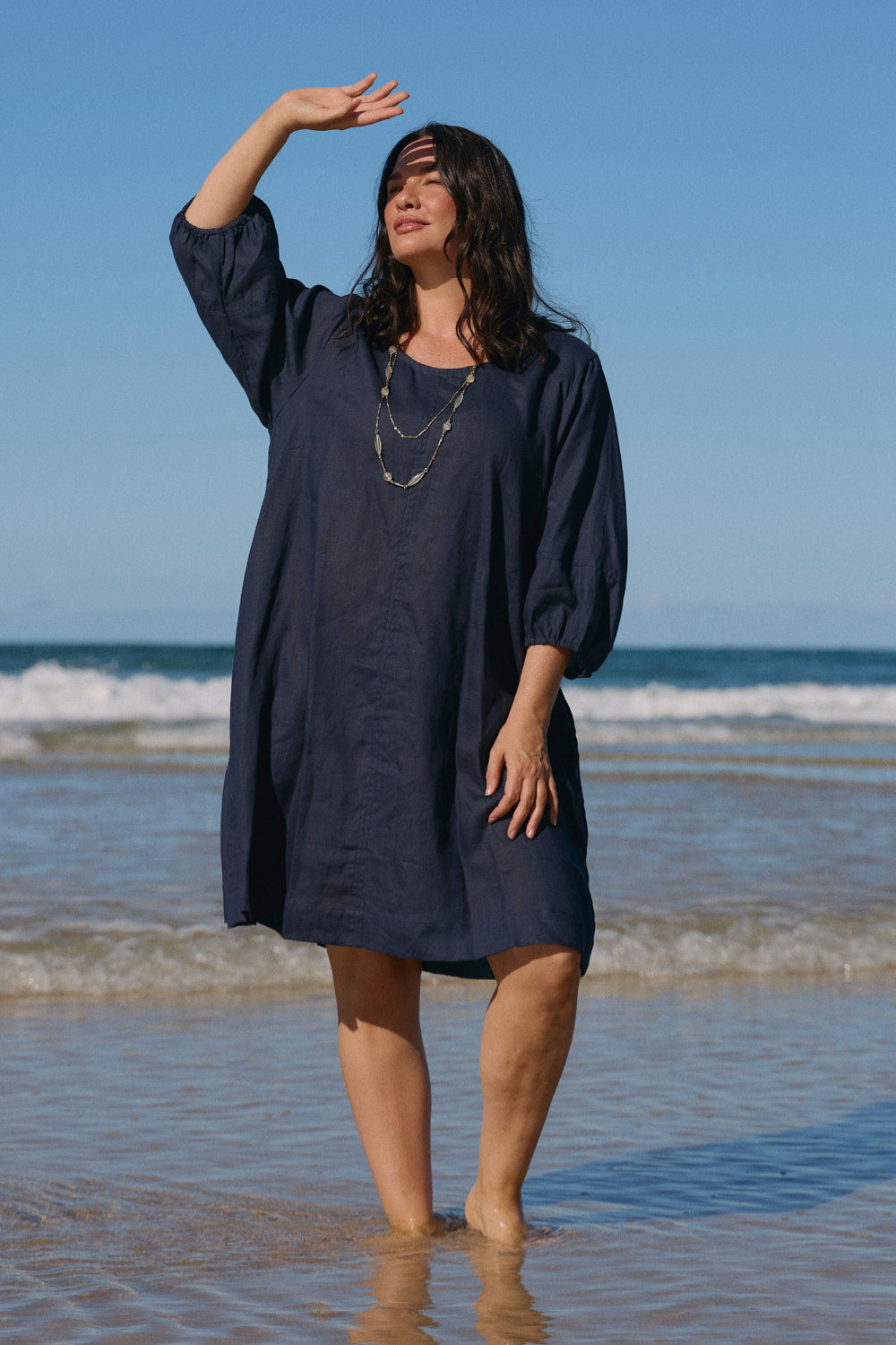 Hazel Short Linen Shift Dress in Navy