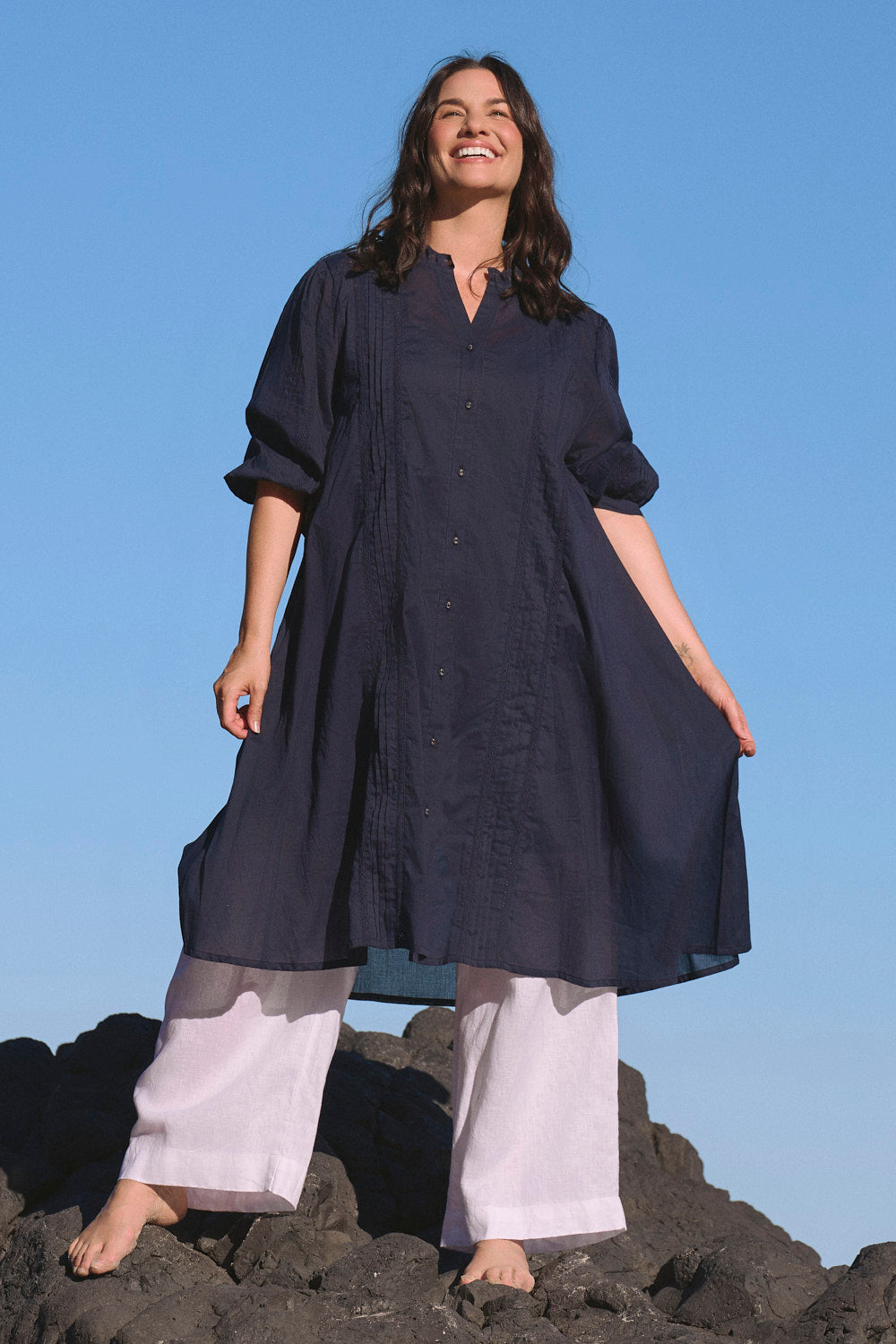 Harper Pintuck Dress in Navy Lyric