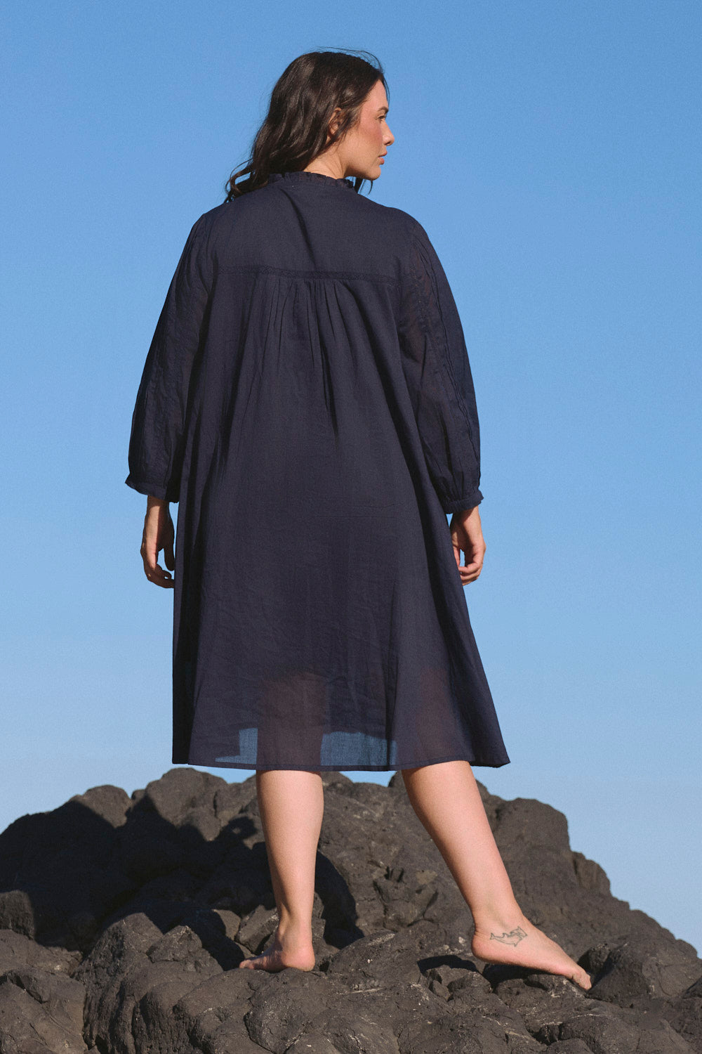 Harper Pintuck Dress in Navy Lyric