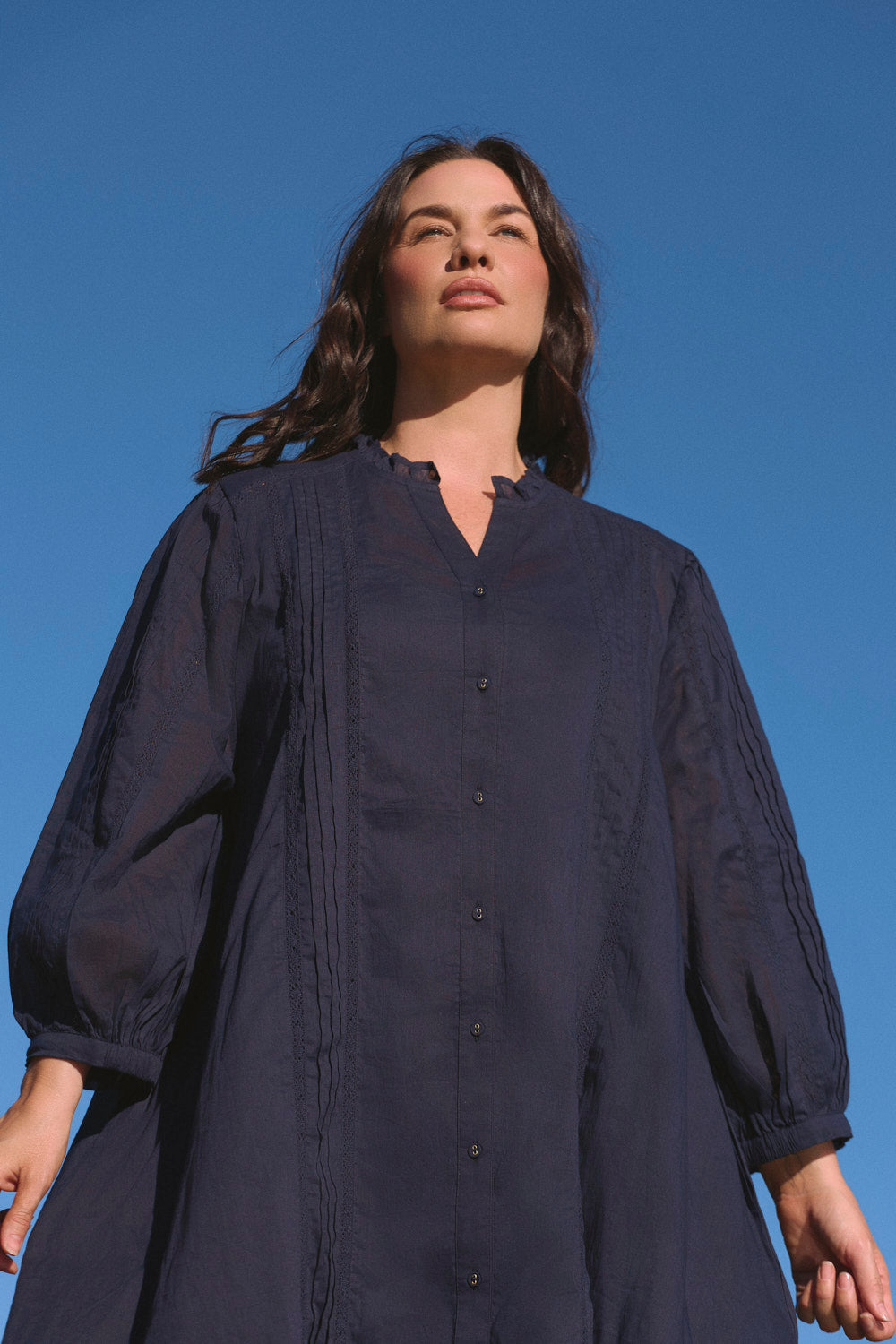 Harper Pintuck Dress in Navy Lyric