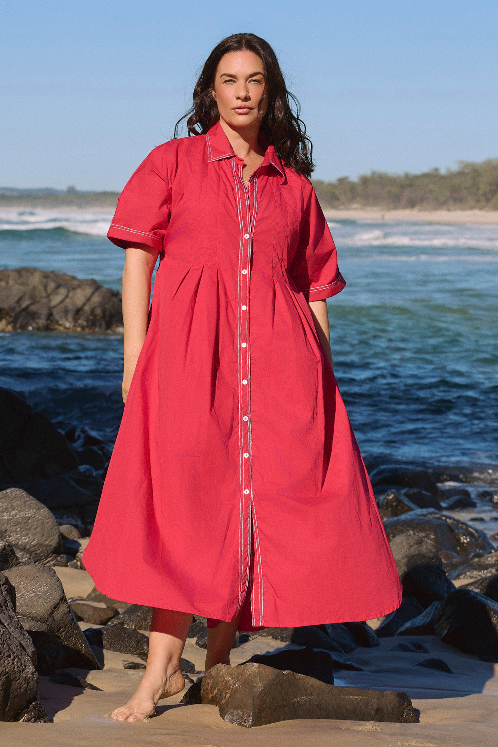 Bridget Pleated Dress in Red Poplin