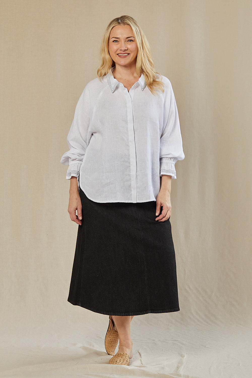 Ebony Frill Cuff Linen Blouse in Coconut