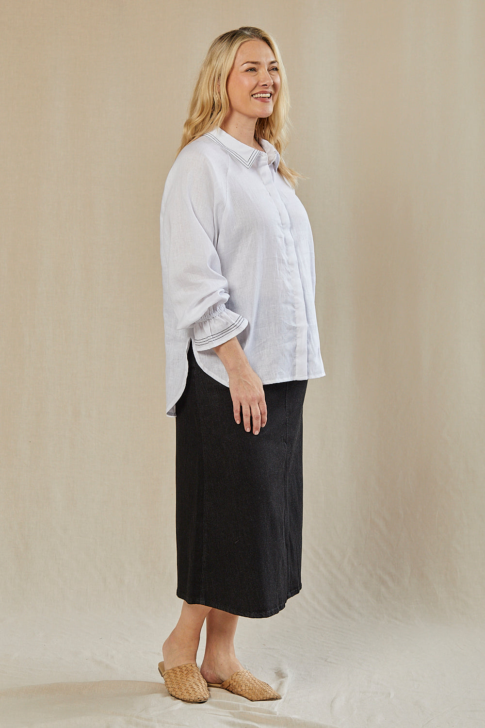 Ebony Frill Cuff Linen Blouse in Coconut