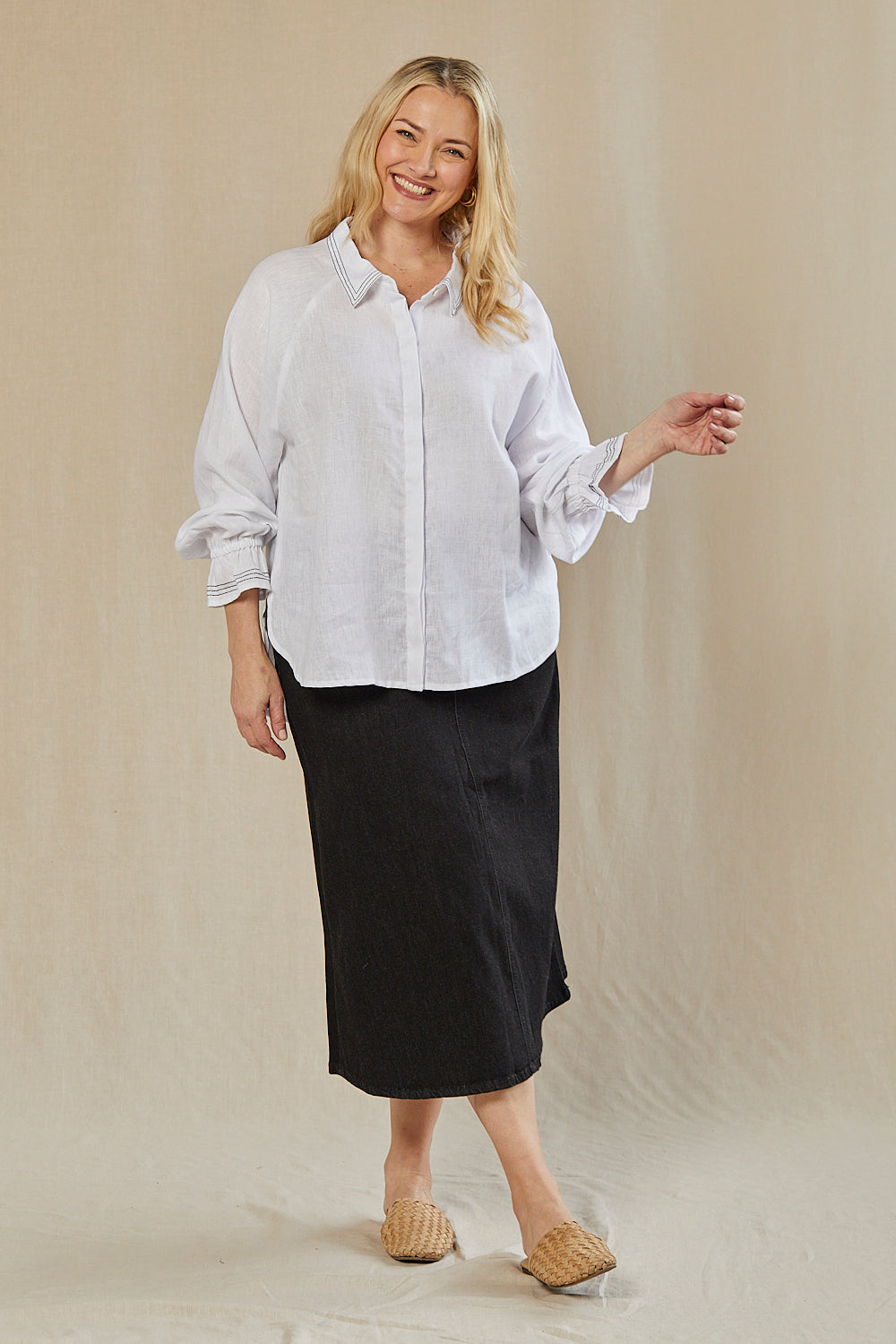 Ebony Frill Cuff Linen Blouse in Coconut