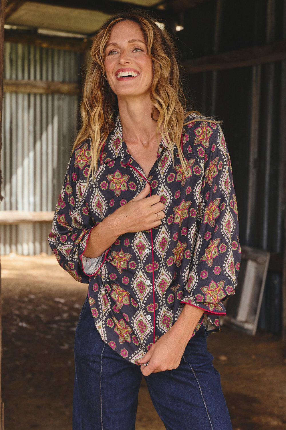 Ebony Frill Cuff Top in Veloura, Blouse - Adrift Clothing