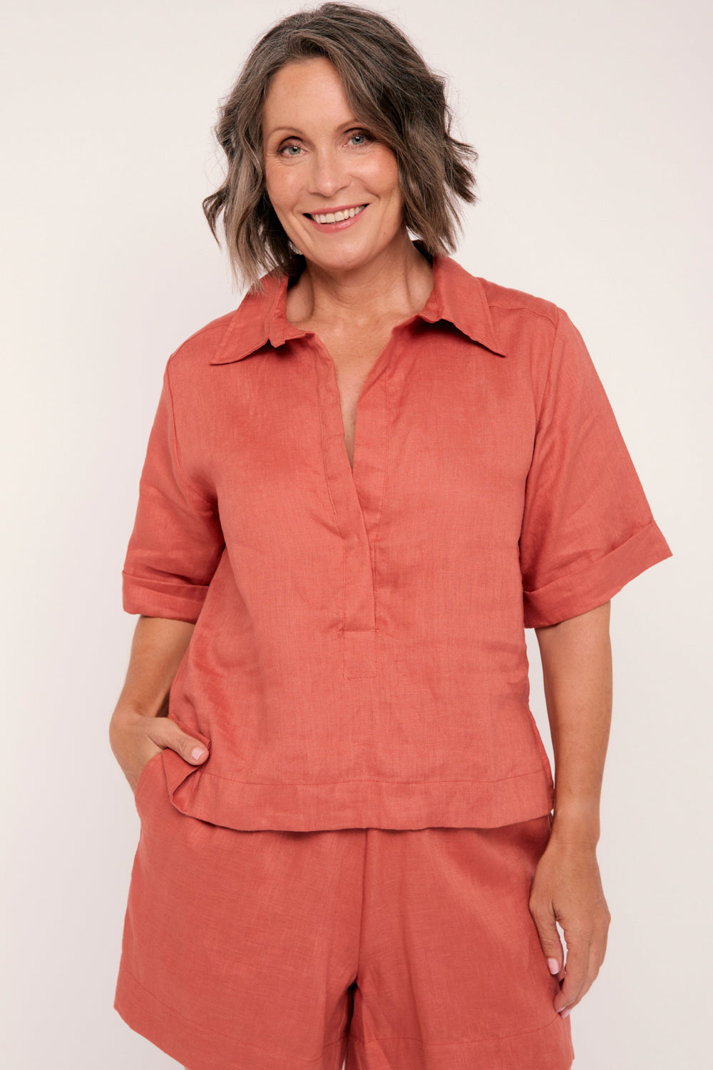 Ella Collared Linen Top in Desert Rose