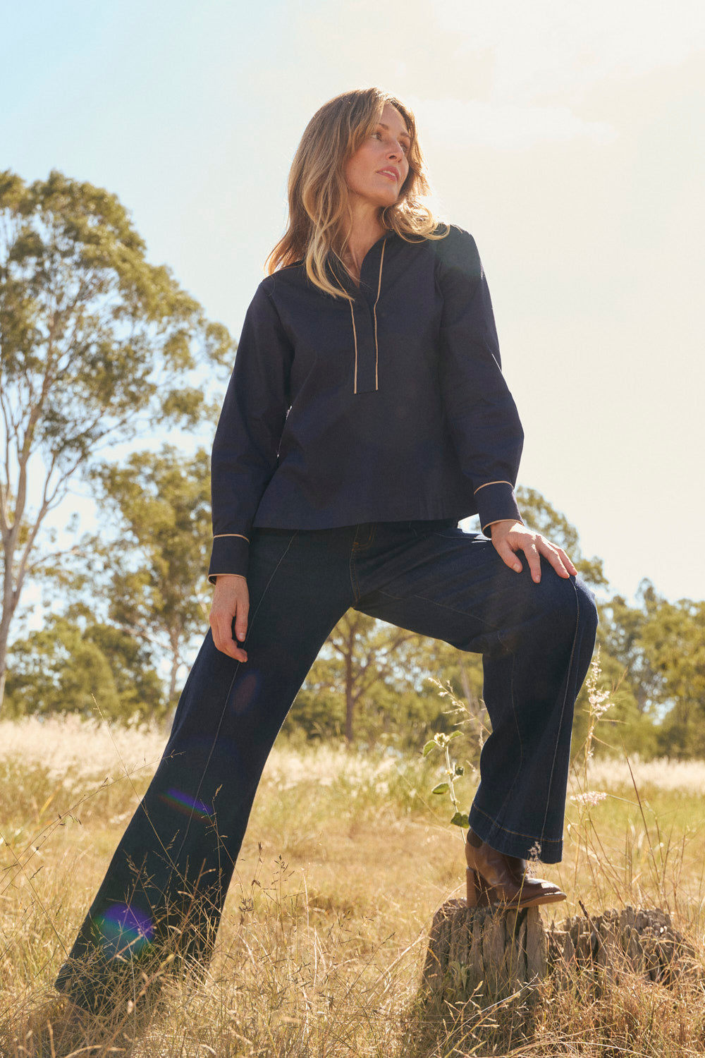 Ella Collared Top in Navy Outline