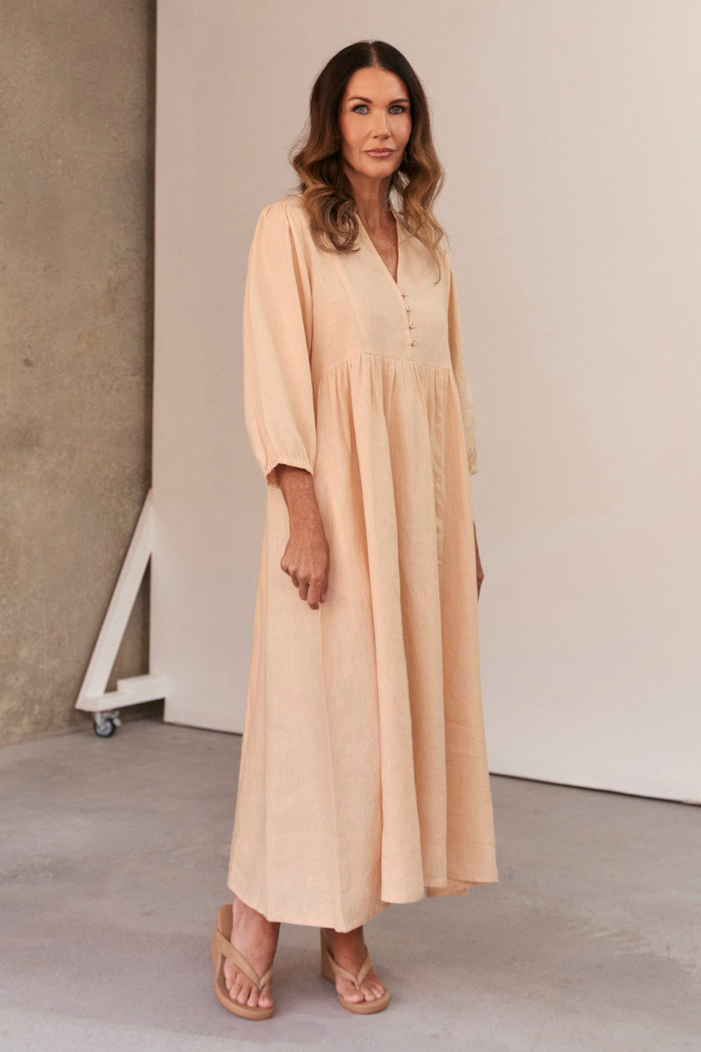Elodie Linen Smock Dress in Sand