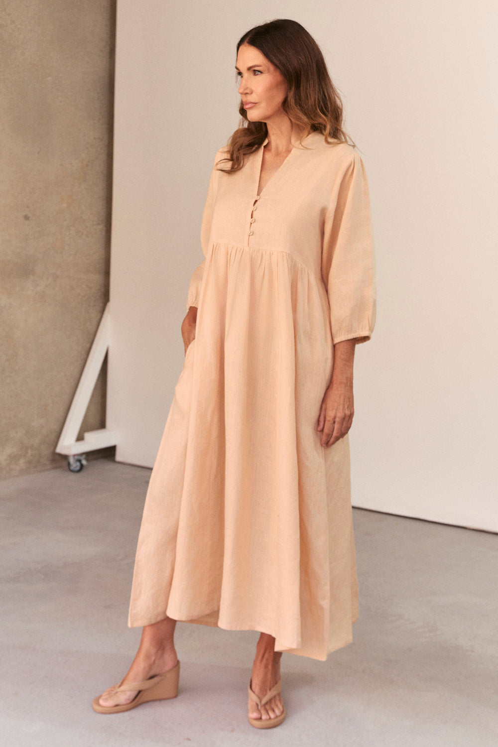 Elodie Linen Smock Dress in Sand