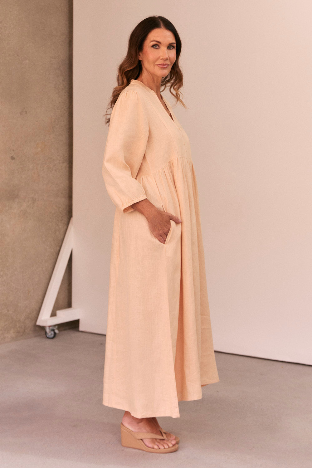 Elodie Linen Smock Dress in Sand