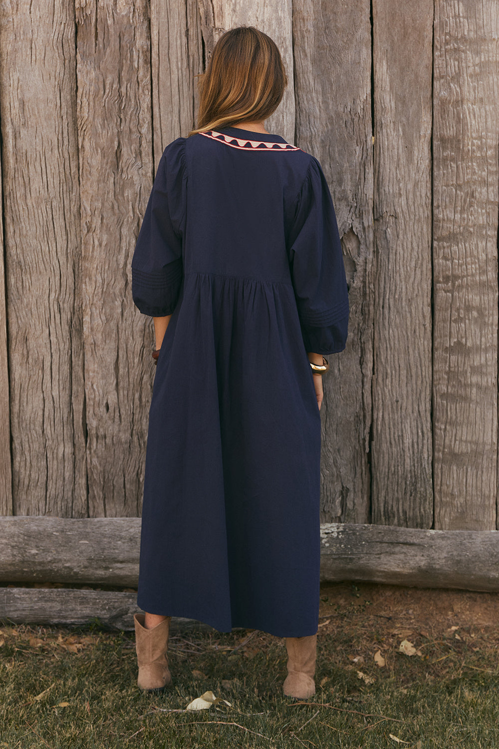 Elodie Smock Dress in Nocturne in crisp cotton poplin with intricate embroidery, designed in Brisbane Australia