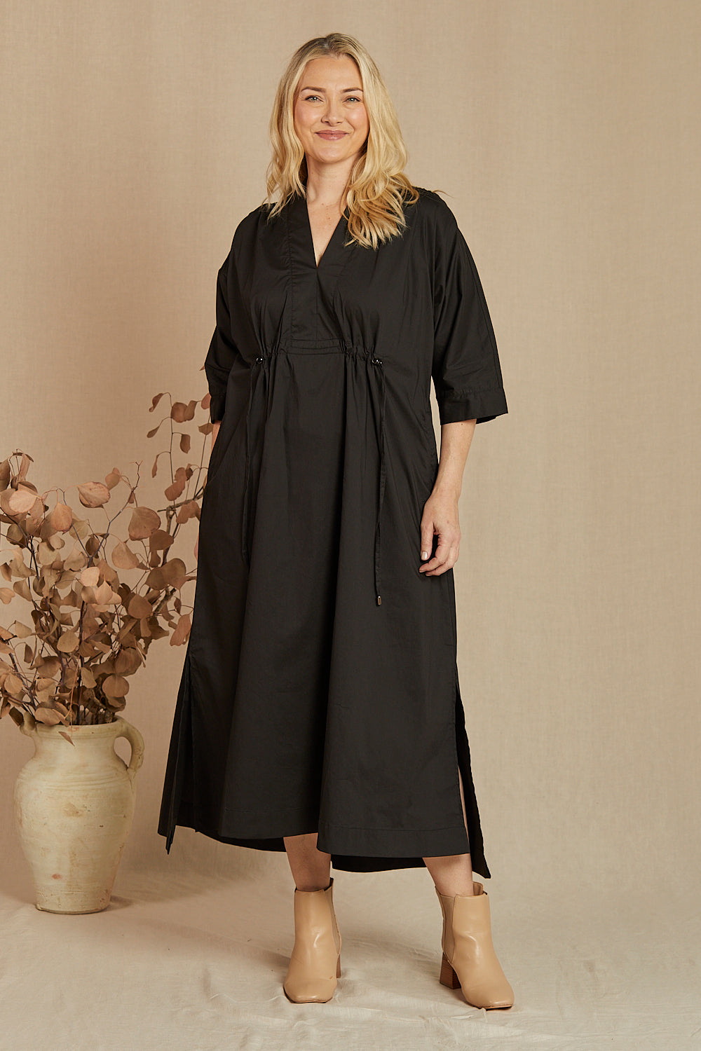 Finley Poplin Kaftan Dress in Black